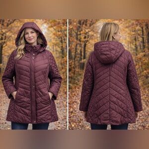 Marc New York Andrew Marc Womens Quilted Hooded Puffer Jacket Wine Red XXL
